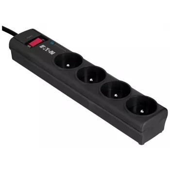 EATON Power Strip 4 FR pārsprieguma aizsardzības pagarinātājs — 4× E tipa kontaktligzdas, 1 m kabelis, 10 A, 2500 W, LED indikatori
