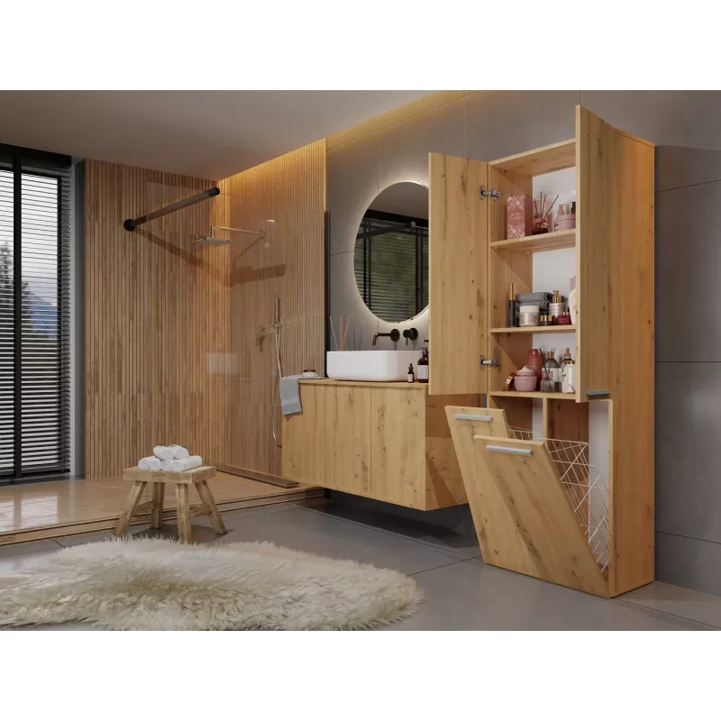 Brīvi stāvošs vannas istabas skapis NEL 2K DD ART KPL — ozola rāmis, 600×300×1740 mm, 3 plaukti