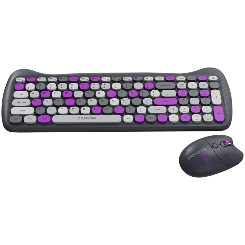 Bezvadu tastatūras un peles komplekts CANYON HSET-W6 Kitty Edition – violets