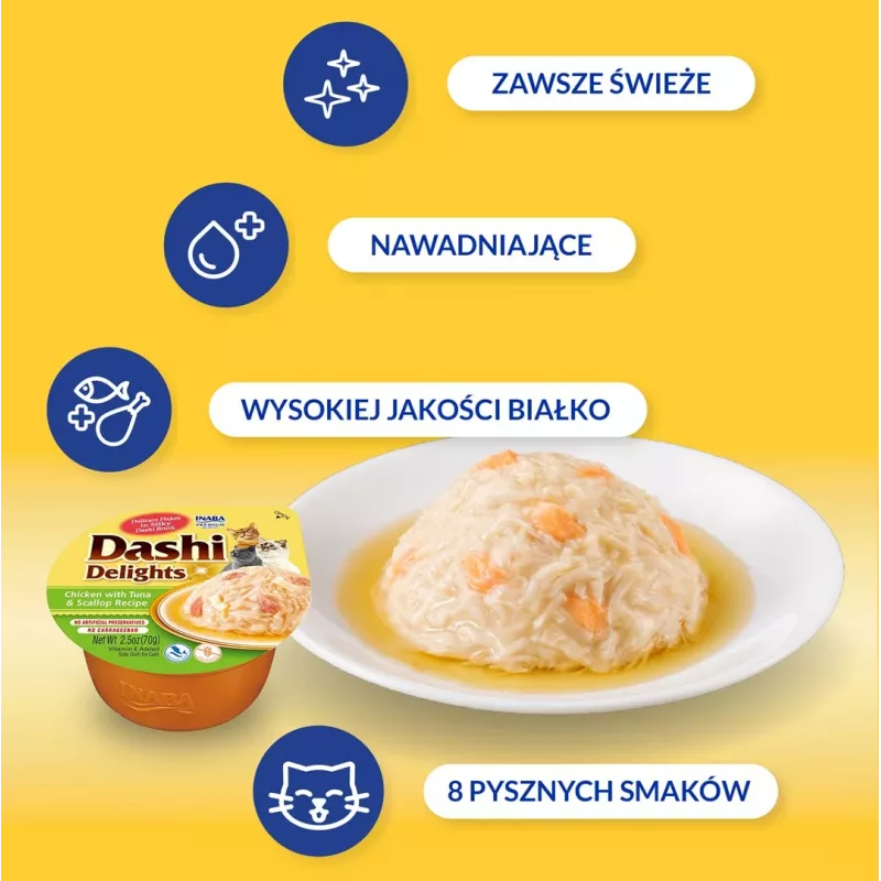Kaķu gardums INABA Dashi Delights vistas, tunča un gliemenes buljonā 70 g — mitrs gardums kaķiem