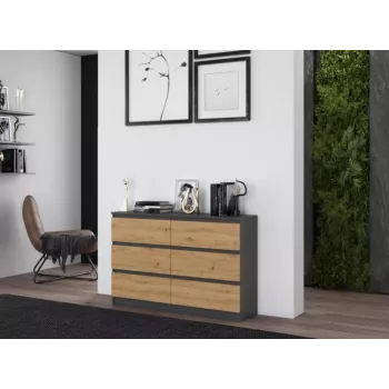 Kumode Top e shop M6 120 — Antracīts/Ozols, 6 atvilktnes, 1200×300×770 mm, skaidu plātne
