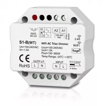 S1-B(WT) Vienkanāla 230V kontrolleris, TRIAC, Push-Dimm, Tuya, Wi-Fi