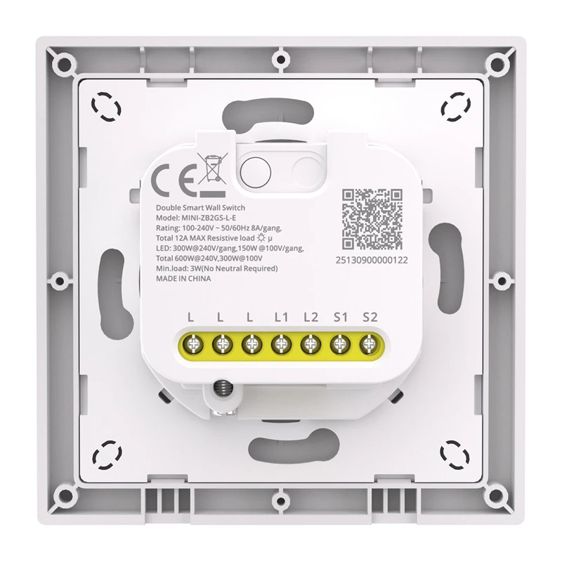 Divkanālu ZigBee sienas slēdzis Sonoff MINI-ZB2GSL-E — kompakts iekšsienas viedais slēdzis, divi releja kanāli, bez neitrālā vada