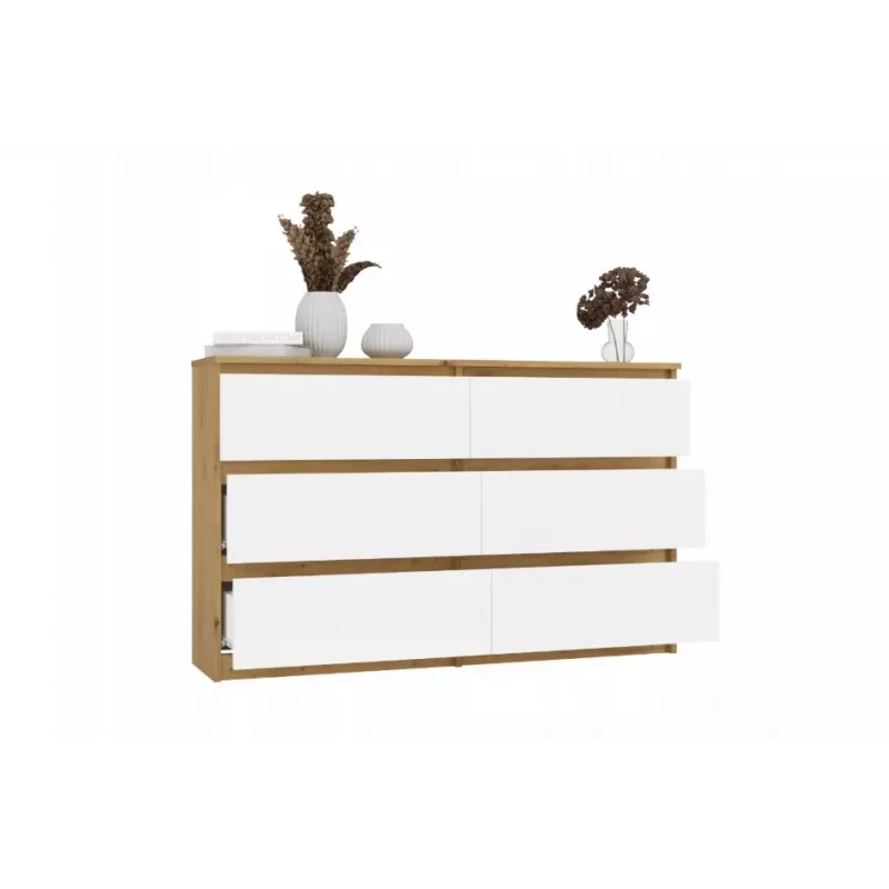 Kumode ar 6 atvilktnēm 120 cm Top E Shop Malwa — Artisan Ozols / Balts, skaidu plātne
