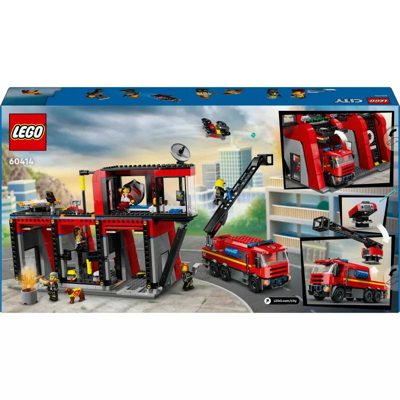 Konstruktors LEGO City Ugunsdzēsēju stacija ar pagriežamām kāpnēm 60414 — 843 gabali, 5 minifigūras