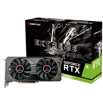 Grafikas karte BIOSTAR GeForce RTX 3060 Ti — 8 GB GDDR6, 256 bitu, PCIe 4.0, 1665 MHz boost, 3×DP/1×HDMI, 2 ventilatori