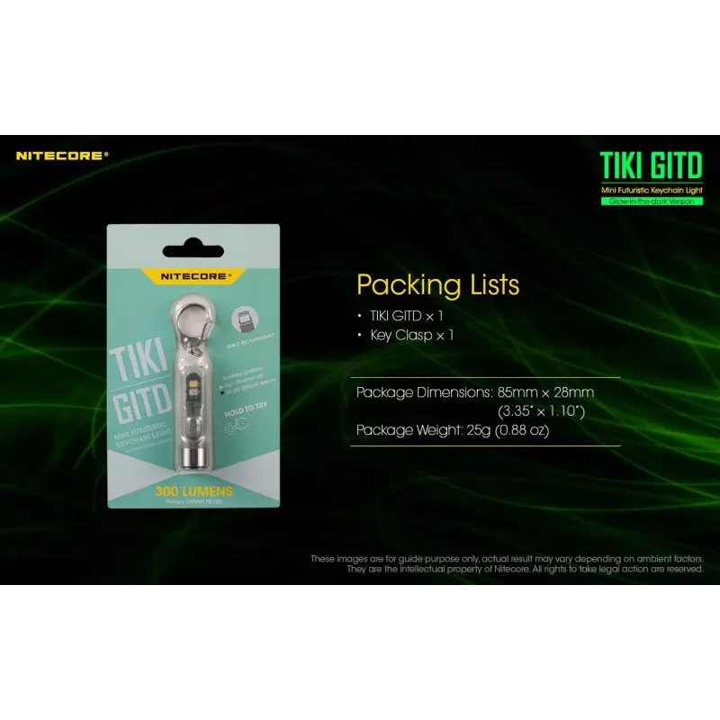 Atslēgu piekariņa lukturītis Nitecore TIKI GITD Grey — USB uzlādējams, 1 lm, 55 mm, 12 g, IP66