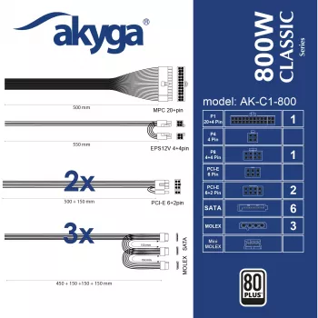 Akyga Classic AK-C1-800 ATX barošanas bloks 800 W, 80 PLUS, aktīvais PFC, 120 mm ventilators