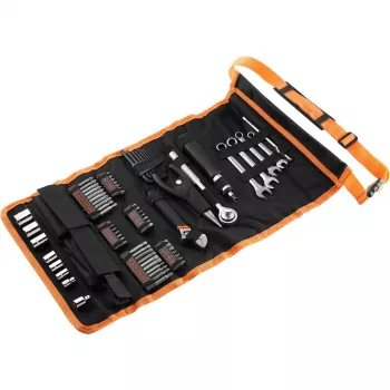 Mehāniķa komplekts ar rullējamo somu 76 daļas melns oranžs