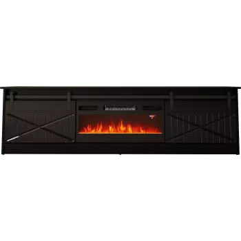 TV statīvs ar kamīnu Cama Meble GRANERO — 200 x 56.7 x 35 cm, melns/melns spīdums, 2 durvis, 2 plaukti, bīdāmās durvis, MDF/skaidu plātne