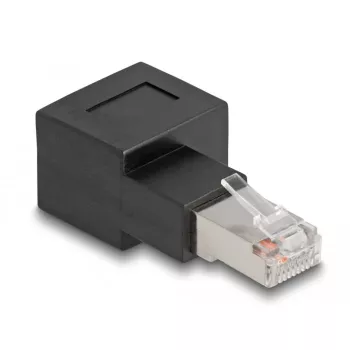 Delock RJ45 vīriešu uz sieviešu adapteris CAT 6a, 90° pa labi saliekts