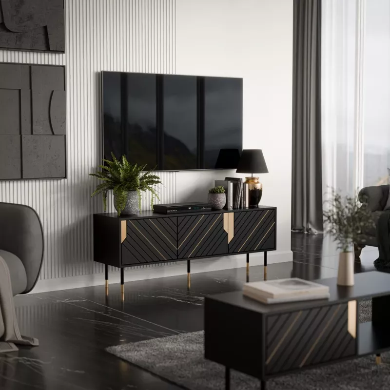 TV skapis Cama Meble MOUNTAIN 154x40x55 cm — skaidu plātnes virsma, melns un zelts