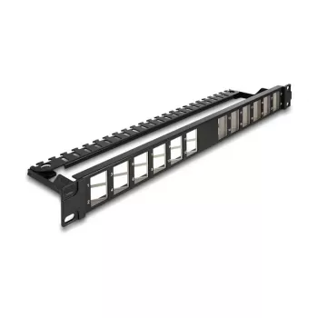 DELOCK 19 collu Keystone Sadales Panelis 24 porti leņķveida ar kabeļu atslogošanu, 1U, melns, 482.6×125.5×44.2 mm