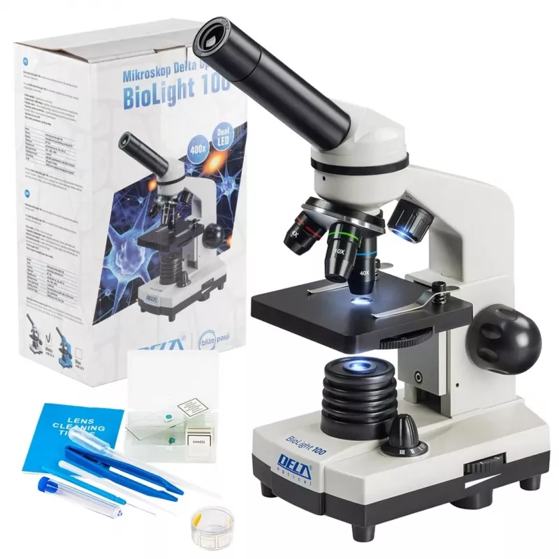 Saliktais optiskais mikroskops Deltaoptical DO-3210 — monokulārs, 3 ahromatiskie objektīvi, LED apgaismojums, 40–400×, 45° slīpa grozāma galva