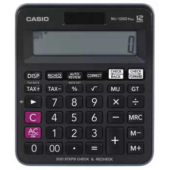 Galda kalkulators CASIO MJ-120D PLUS — pamata 12 cipari, baterija/saule, 35 taustiņi, nodoklis un kvadrātsakne, melns