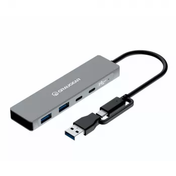 USB centrmezgls GrauGear G-HUB2C2A-10G — 4 porti USB 3.2 Gen 1 (2x Type-C, 2x Type-A), 10 Gbit/s, 100 W, alumīnijs, pelēks