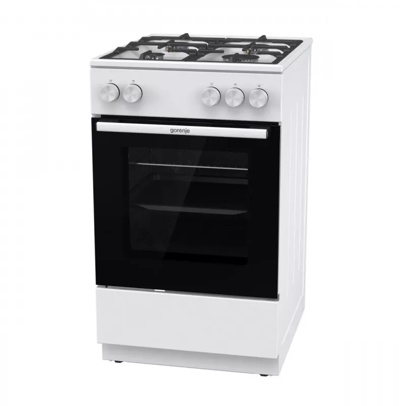 Brīvi stāvoša gāzes plīts ar cepeškrāsni Gorenje GG5A10WFFM — 4 degļu virsma, 70 L cepeškrāsns, emaljēta virsma, balta