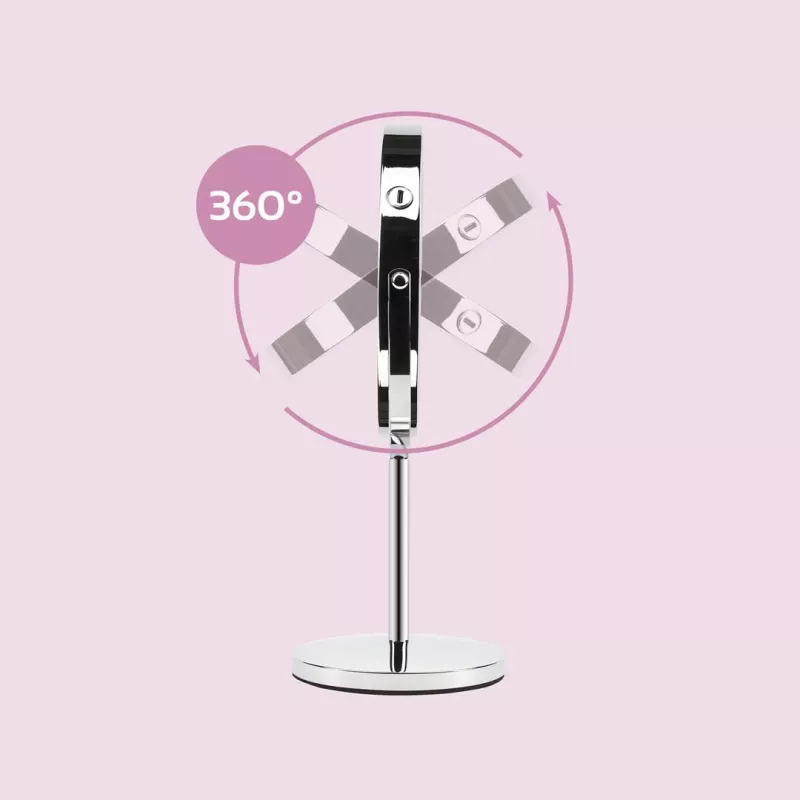 Bezrāmju spogulis Girmi BE02 — apaļš, nerūsējošais tērauds, LED ar pieskāriena vadību, 1x/3x palielinājums, USB-C uzlādējams (1000 mAh)