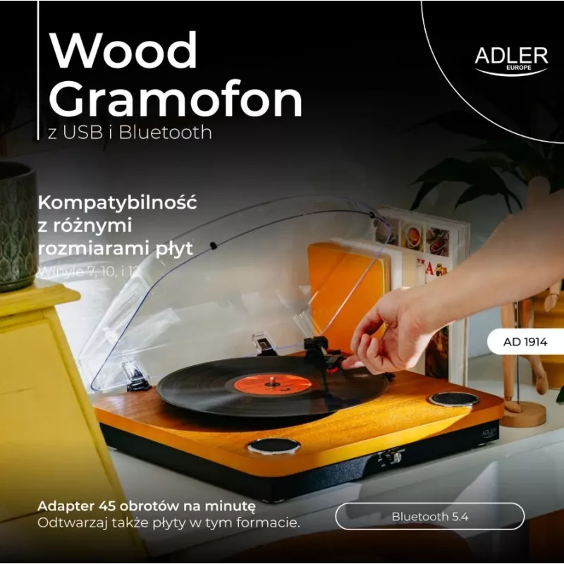 Adler AD 1914e skaņuplašu atskaņotājs ar USB, Bluetooth, 33 1/3 un 45 apgr./min., keramisko adatu, iebūvētiem 2x0,8 W skaļruņiem, RCA izeju