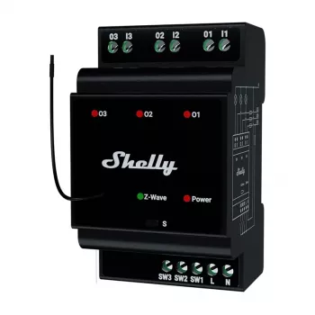 DIN sliedes viedais relejs Shelly WavePro3 3-kanālu Z-Wave, 110–240 V, 25 A uz kanālu, AES-128, DIN montāža