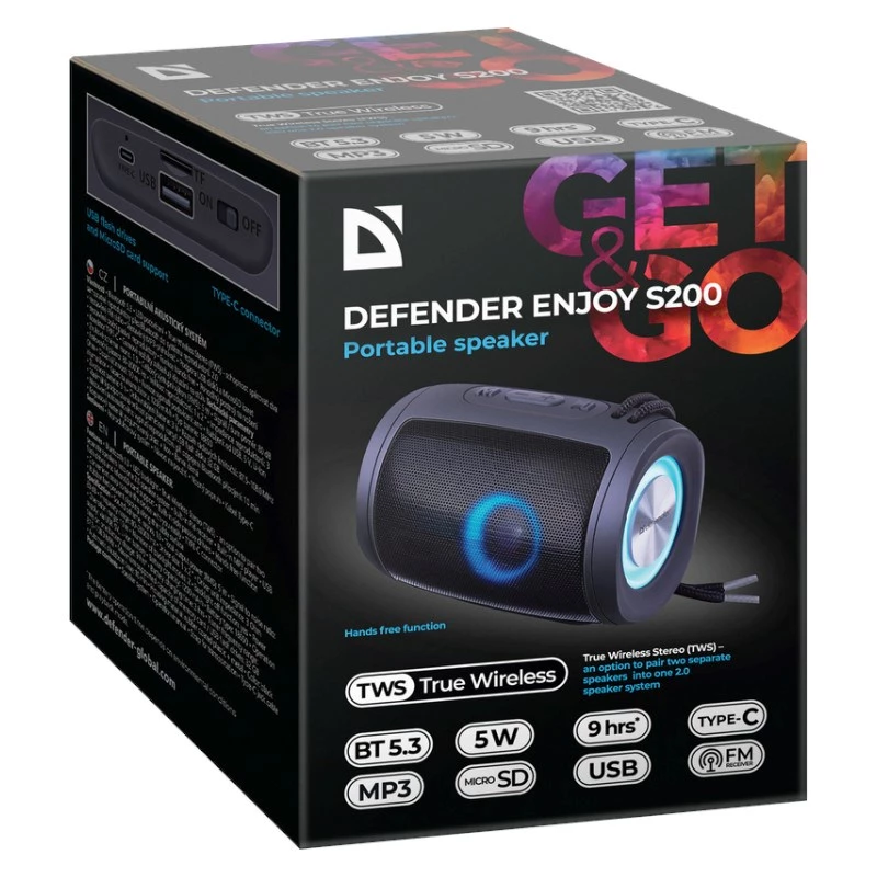 Pārnēsājams Bluetooth skaļrunis DEFENDER Ejoy S200 TWS 2.0, 5W, Bluetooth 5.3, LED, 10 h akumulators, iebūvēts mikrofons