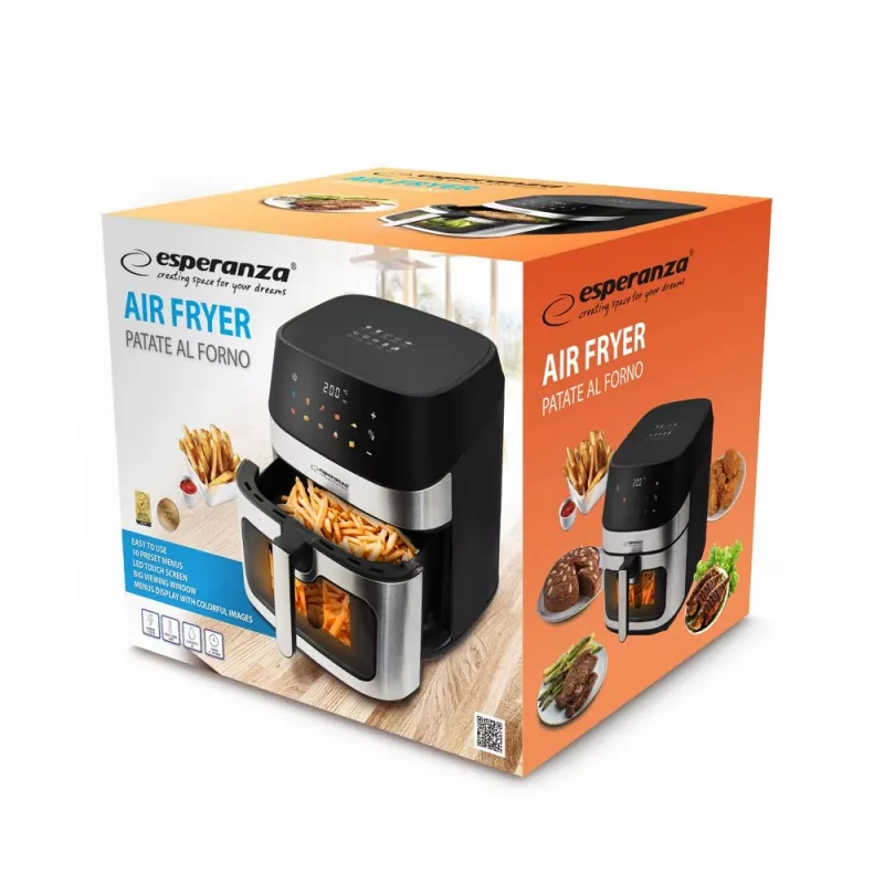 Gaisa fritējs ESPERANZA EKA005, 8 L, 1600 W, skārienvadība, 10 programmas, nerūsējošais tērauds, melns