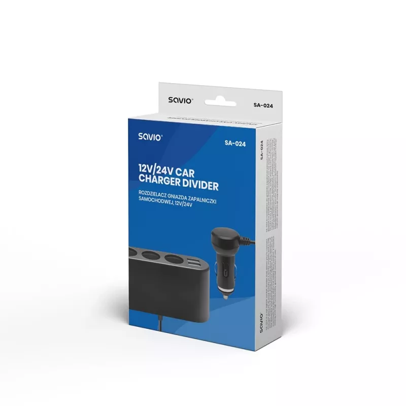 Auto USB lādētājs SAVIO SA-024 — universāla ierīču uzlāde no 12–24 V, 5 V, melns, cigarešu šķiltavas