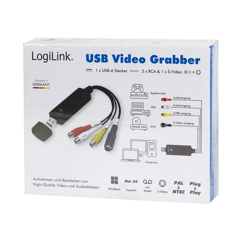 LogiLink USB 2.0 A/V grabber, USB A/M uz 3x RCA + MiniDIN5/F, melns