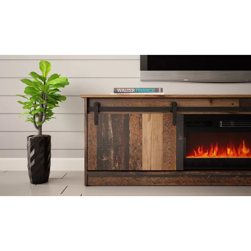 TV skapis Cama Meble GRANERO ar kamīna sekciju, 2000×567×350 mm, skaidu plātne/MDF, bīdāmās 2 durvis, matēts vecais koks