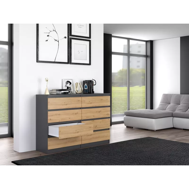 Kumode ar 8 atvilktnēm Top e shop M8 140 ANT/ART — Antracīts/Ozols, 1380×400×970 mm, skaidu plātne