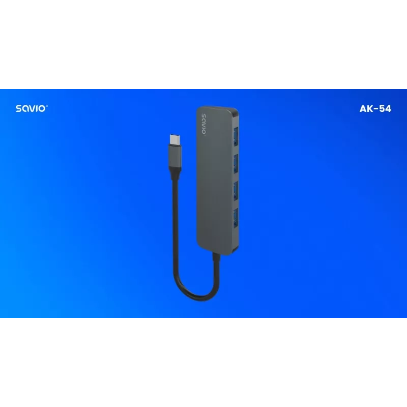USB centrmezgls SAVIO AK-54 — 4 x USB-A (USB 3.2 Gen 1), USB-C saimnieks, melns