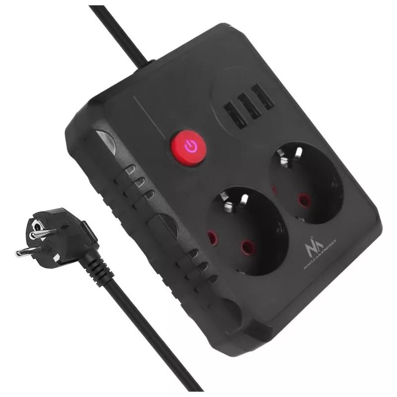Pagarinātājs MACLEAN MCE387 B — 2 kontaktligzdas, 3×USB A, 110–240V, 1,5 m vads, max 2500W