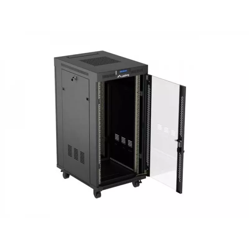 Tīkla skapis LANBERG 19 inch 24U 600x800 mm melns ar stikla durvīm un LCD izgriezumu (Flat Pack) v2