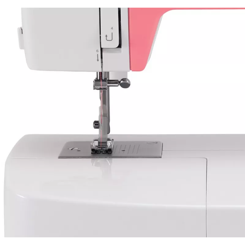 Singer Simple 3210 automātiskā šujmašīna, elektromehāniska, 10 dūrieni, 4 soļu pogcaurums, brīvais plecs, 85 W, balta/rozā