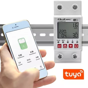 QOLTEC 50990 WiFi relejs DIN-sliežu, vienkanāla, 63A pārslēgšana elektroenerģijas uzskaitei un tālvadībai