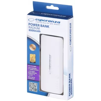 Pārnēsājamais lādētājs Esperanza EMP106WE Radium — 8000 mAh, 3 ierīču izvads, Micro-USB ieeja, 5V/2A un 5V/1.5A/1A izvadi, pelēks