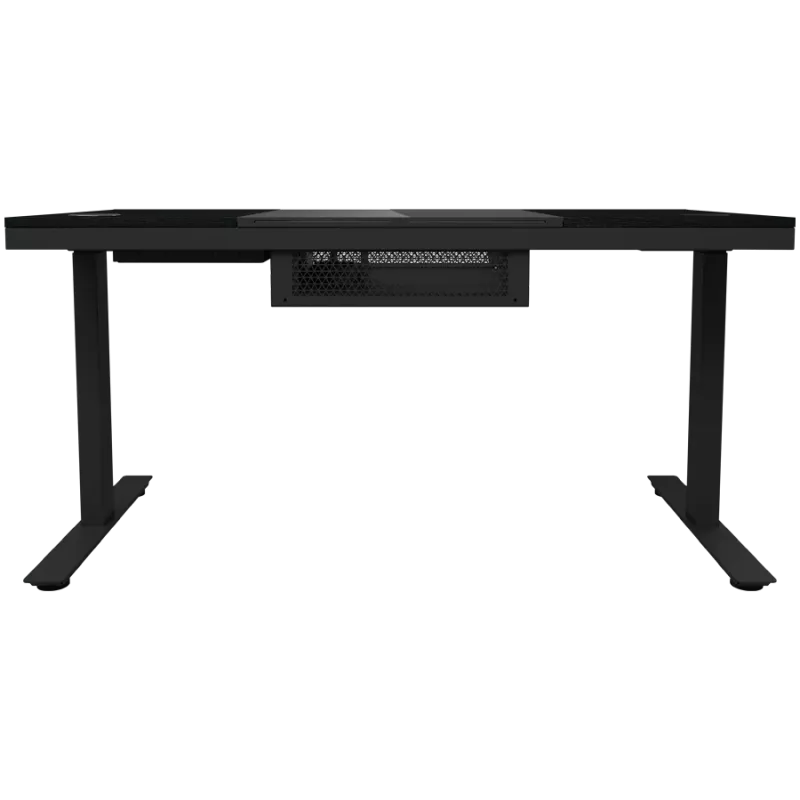 Divmotoru sēdus-stāvus regulējams spēļu galds ar iebūvētu PC korpusu, bezvadu lādētāju, RGB apgaismojumu, vadības paneli un USB portiem, rūdīta stikla virsma, melns