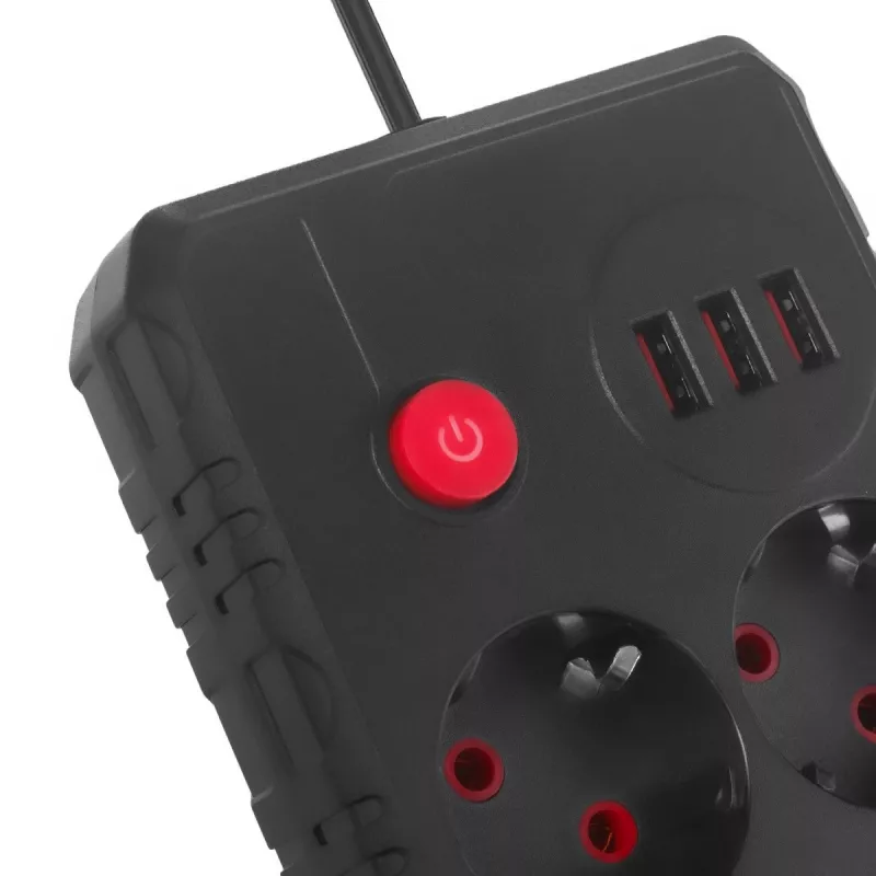Pagarinātājs MACLEAN MCE387 B — 2 kontaktligzdas, 3×USB A, 110–240V, 1,5 m vads, max 2500W