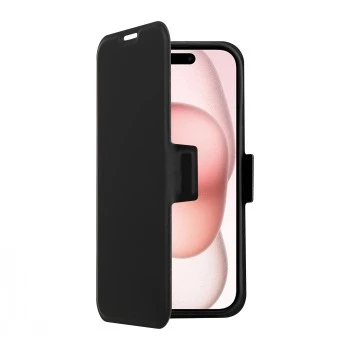 Maciņa vāciņš SCREENOR CLEVER iPhone 15 (6,1 collas, PU āda, melns) ar karšu kabatiņu un galda statīvu