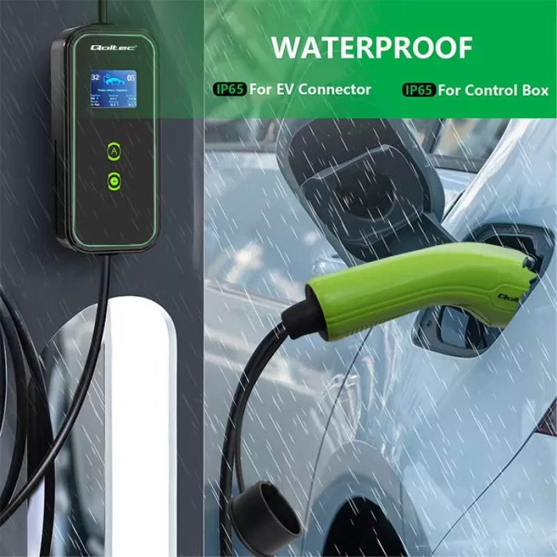 Qoltec Mobilais EV Auto Lādētājs Regulējams 2in1 Type2 | 7kW | 230V | CEE 3 PIN | Wi-Fi | LCD | Pārnēsājams | Wallbox | 5m