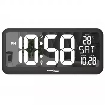 Lielais digitālais pulkstenis sienas montāžai un brīvstāvošs ar temperatūras sensoru 37x17cm LCD displejs, barošanas adapteris un bateriju darbība