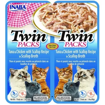 Slapjš kaķu našķis INABA Twin Tuna ar vistu un gliemenēm buljonā 2x40 g paciņa, zivju garša, 86.5% mitrums