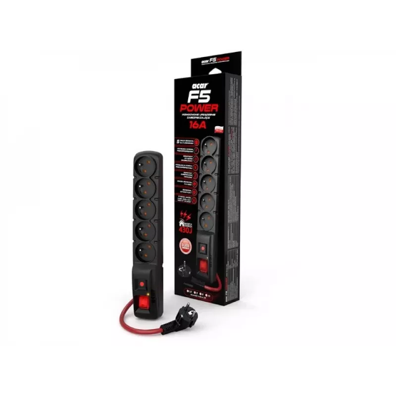 ACAR F5 POWER pārsprieguma aizsardzības pagarinātājs, 5 ligzdas, 16 A, ar slēdzi, 1,5 m, melns