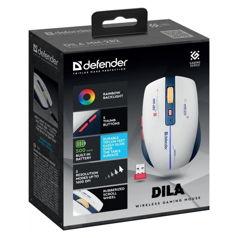 Bezvadu spēļu pele DEFENDER MM-282 RF — ambidekstrāla, optiskā 1800 DPI, 5 pogas, USB, baterija