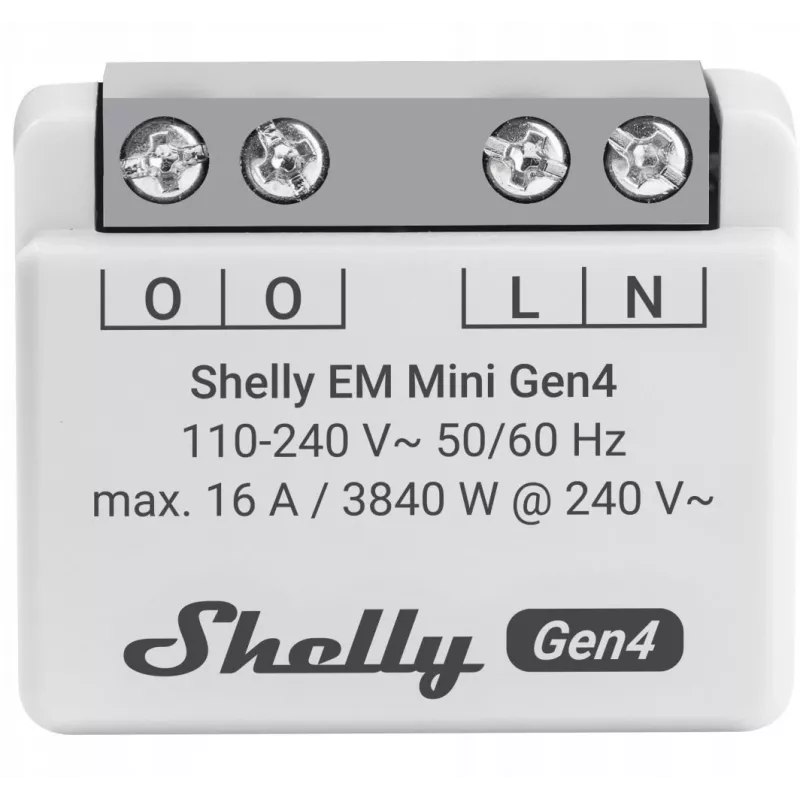 Shelly Relay EM Mini Gen4 1-kanāla viedais relejs ar enerģijas mērītāju, Wi‑Fi Matter Zigbee Bluetooth, 8A, 110–240V