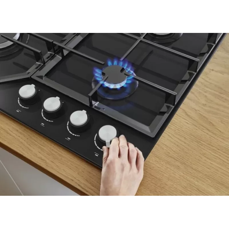Gāzes plīts virsma Gorenje GT641KB, iebūvējama 60 cm, 4 gāzes zonas, rūdīts stikls, čuguna režģi, rotācijas pogas