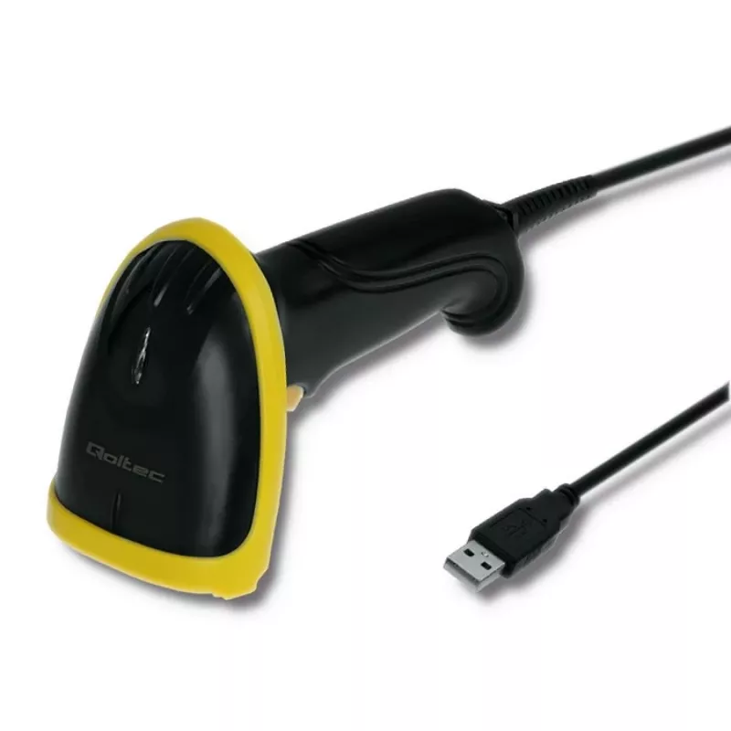 Rokas svītrkodu lasītājs QOLTEC 50867 — 1D/2D lāzera skeneris, USB vads, 600 mm diapazons, dzeltens/melns