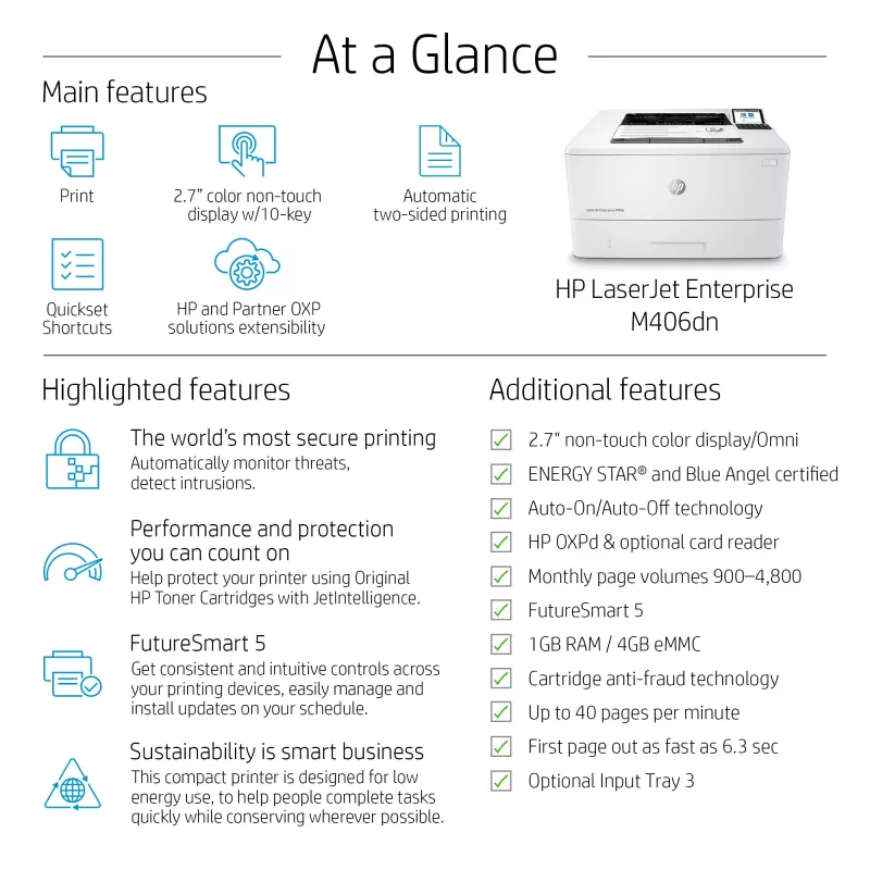 HP LaserJet Enterprise M406dn, lāzerprinteris, 1200 x 1200 DPI, A4, 38 ppm, abpusējā drukāšana, tīkla gatavs
