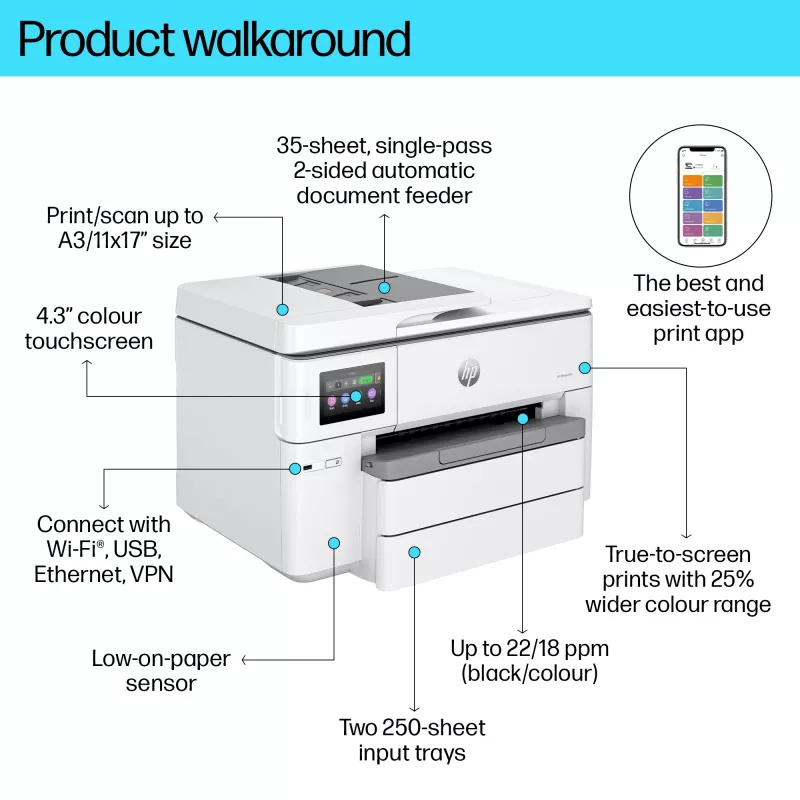 HP OfficeJet Pro 9730e bezvadu daudzfunkciju krāsu printeris, Instant Ink, abpusējā drukāšana