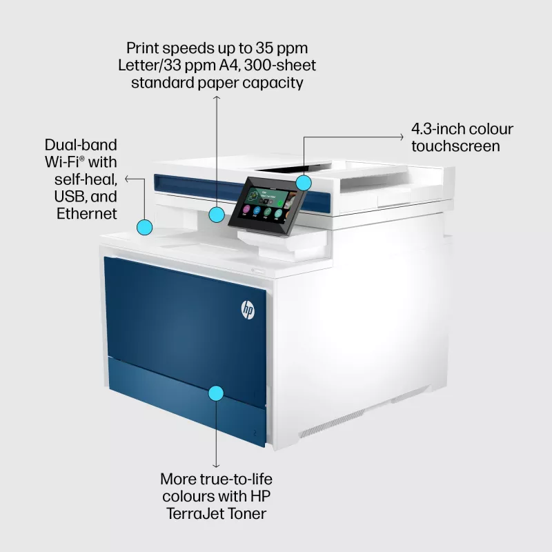 HP Color LaserJet Pro MFP 4302fdw printeris, lāzerkrāsu, 600 x 600 DPI, A4, tiešā drukāšana, zils, balts